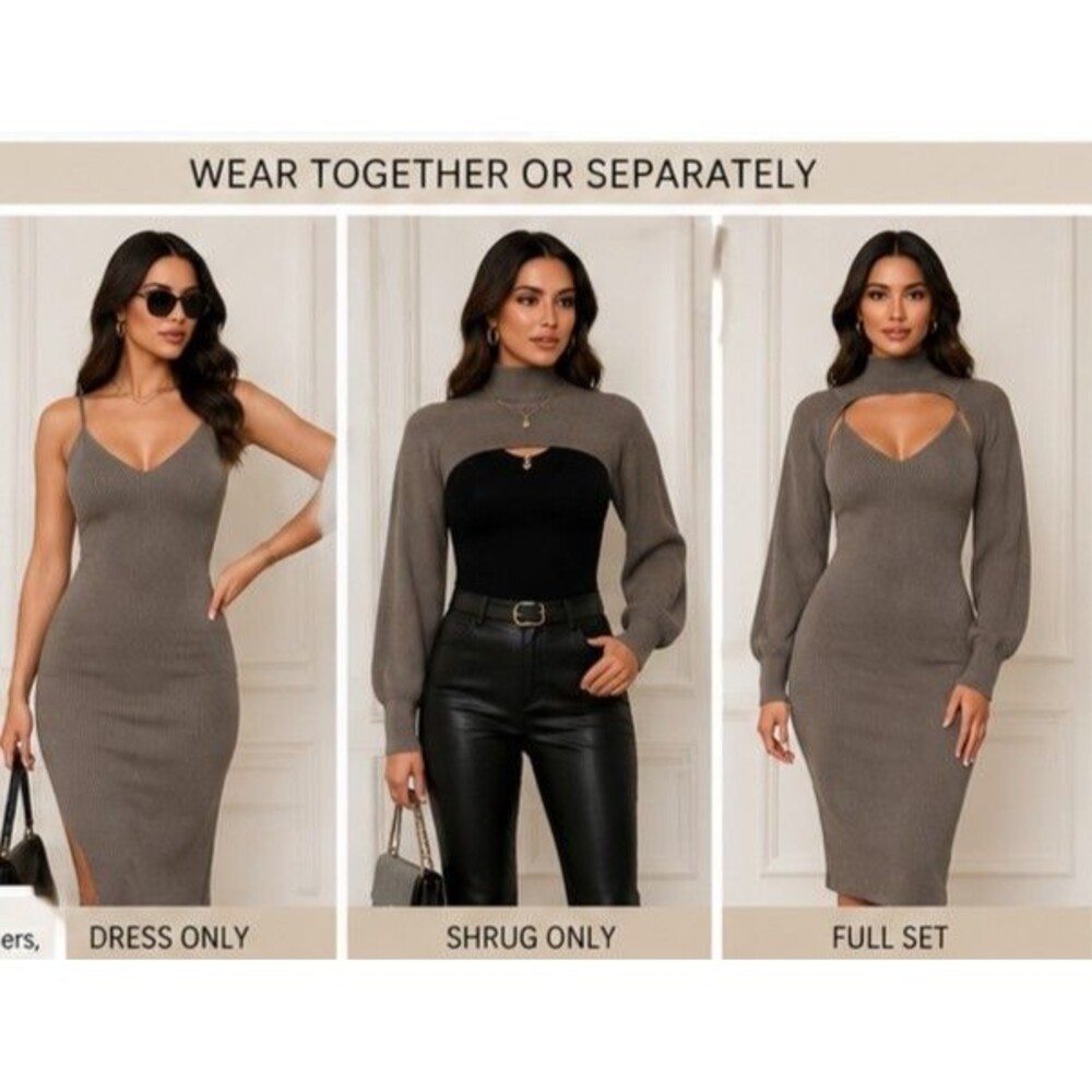 Love Always 2-Piece Ribbed Knit Dress Set S Taupe Bodycon Midi Dress w/ Shrug S